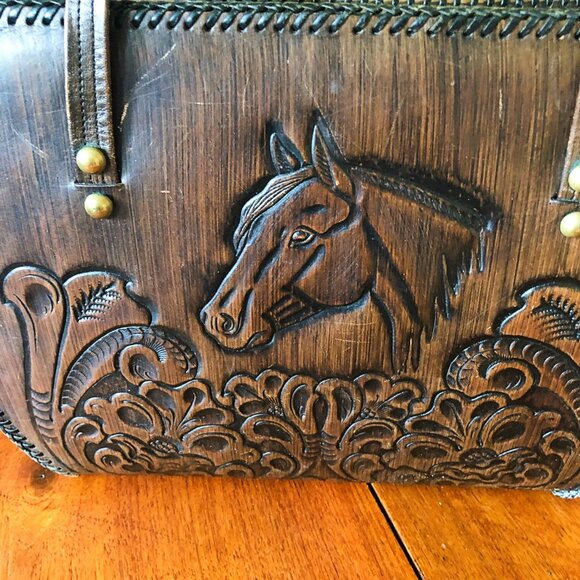 Vintage Jo-O-Kay tooled brown leather horse handbag - Picture 1 of 16